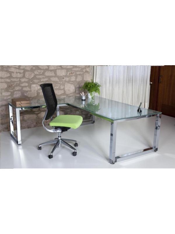 Mesa de oficina de cristal y patas cromadas de 140x70 cm de diseño barata.
